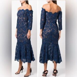 MARCHESA**Elegant Blue Guipure Lace Off-Shoulder Midi Dress**US 8**$795